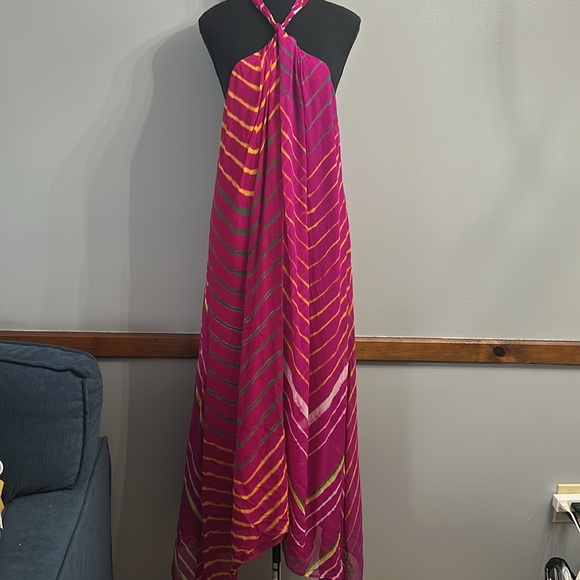 Polo Ralph Lauren Shibori Pink 100% Silk halter asymmetrical midi dress SZ 14 - Picture 3 of 12